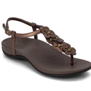 NEW Vionic Julie II Leather Flower Thong Sandals •8/ 39• Shoes Bronze Brown